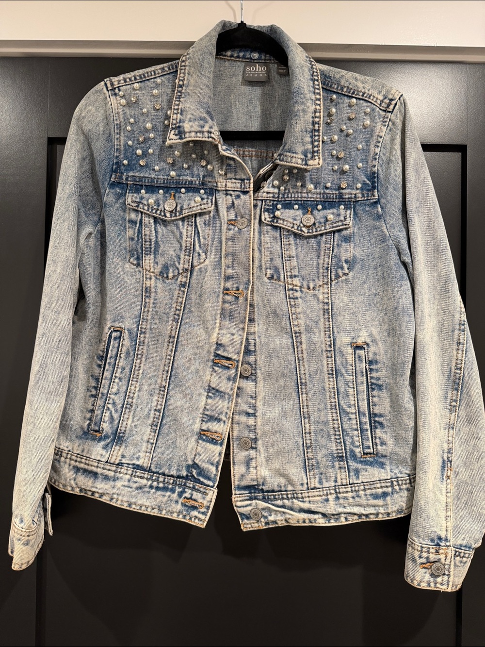 Soho Faded Blue Denim Jacket with Pearl & Stud Accents